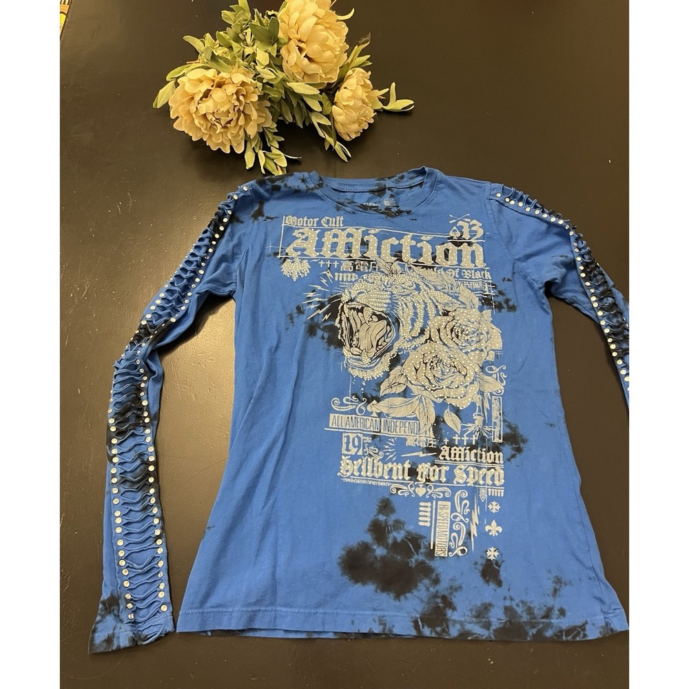 Affliction Y2k Style Blue Black Tie Dye Bling Tiger Rhinestone Long Sleeve Tee M